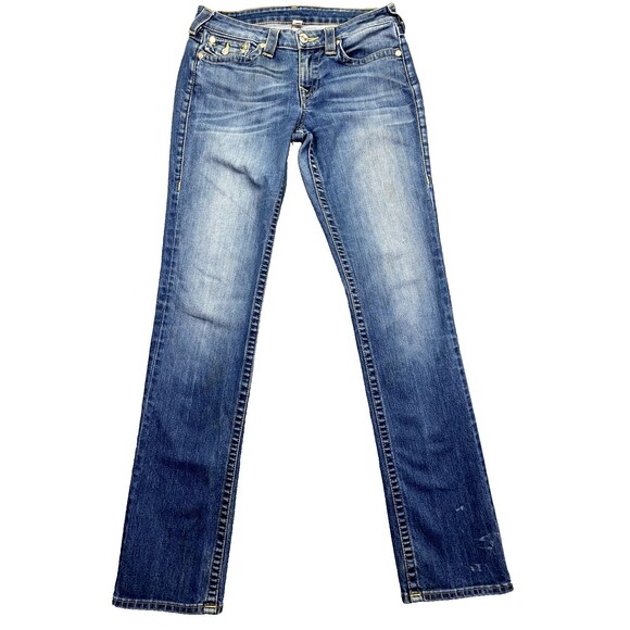 True Religion‎ Jeans Womens 29 Blue Denim Flat Front Pockets Slim Straight - Picture 1 of 16